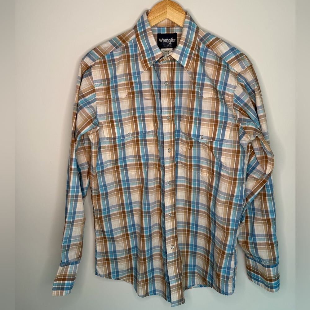 Wrangler Plaid Western Shirt Pearl Snap Blue Brown Long Sleeve Mens M